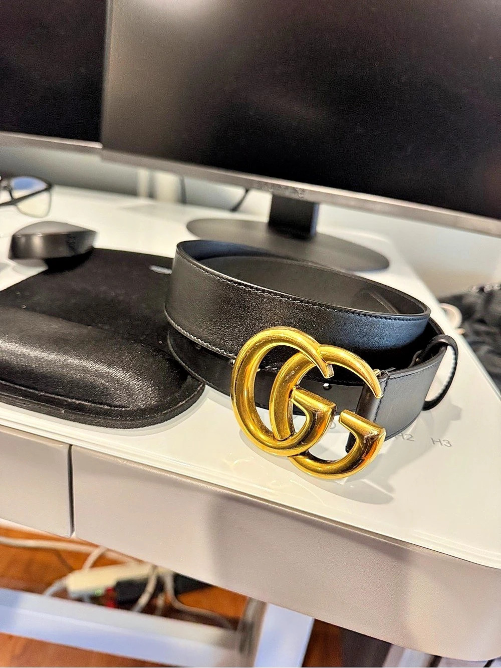 Gucci GG Marmont Wide Leather Belt Black & Gold